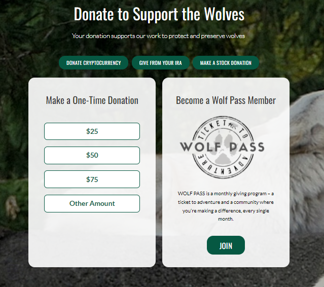 Wolf Conservation Center donation page example