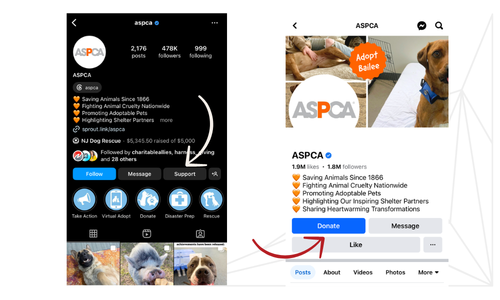 Examples of donate buttons on both an Instagram and Facebook nonprofit profile. 